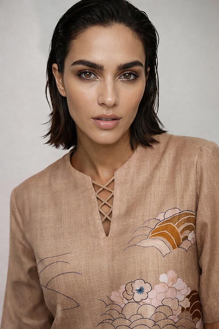 Beige Silk Chanderi Kurta Set by OJA at Pernia's Pop Up Shop