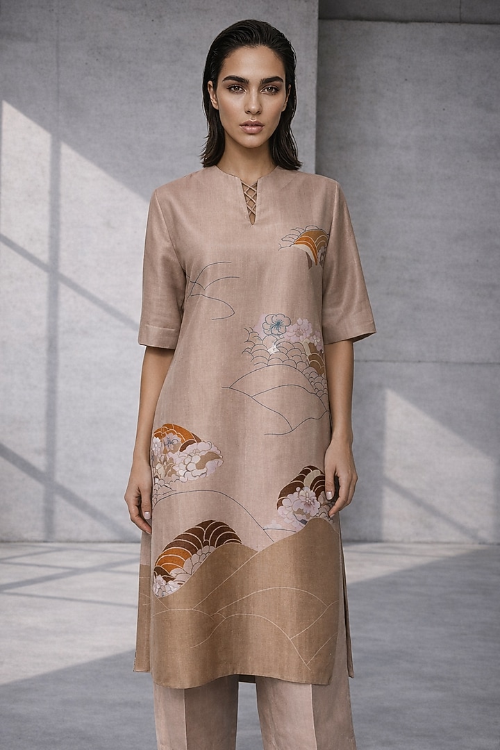Beige Silk Chanderi Kurta Set by OJA at Pernia's Pop Up Shop