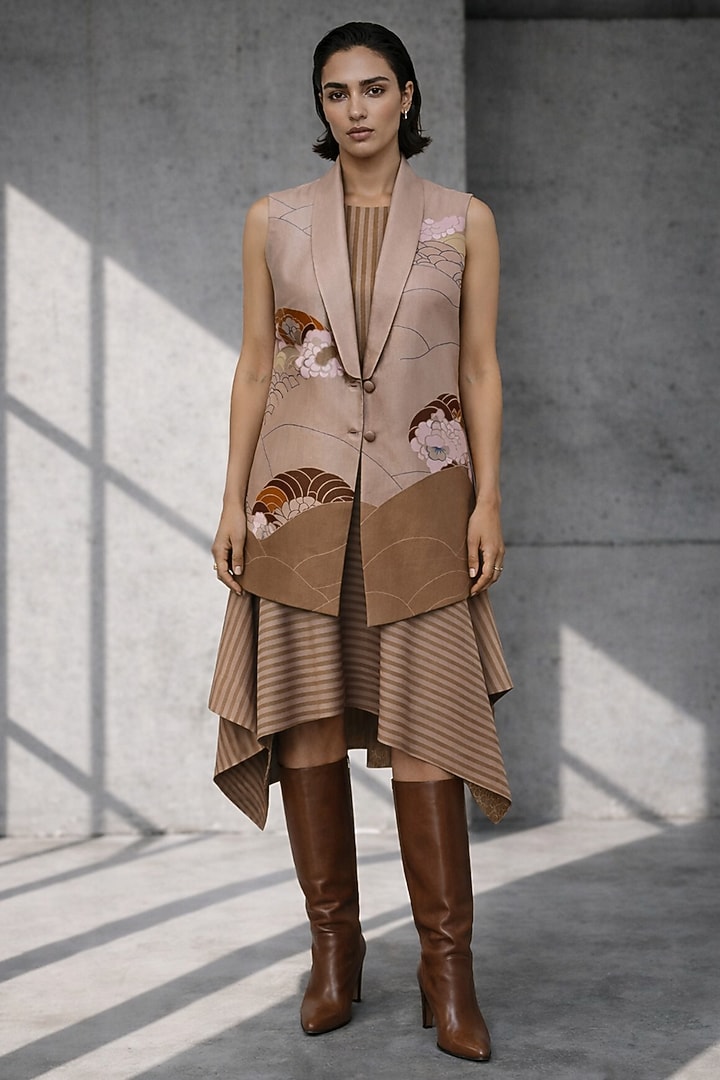 Beige Silk Chanderi Jacket Vacation Dress by OJA at Pernia's Pop Up Shop