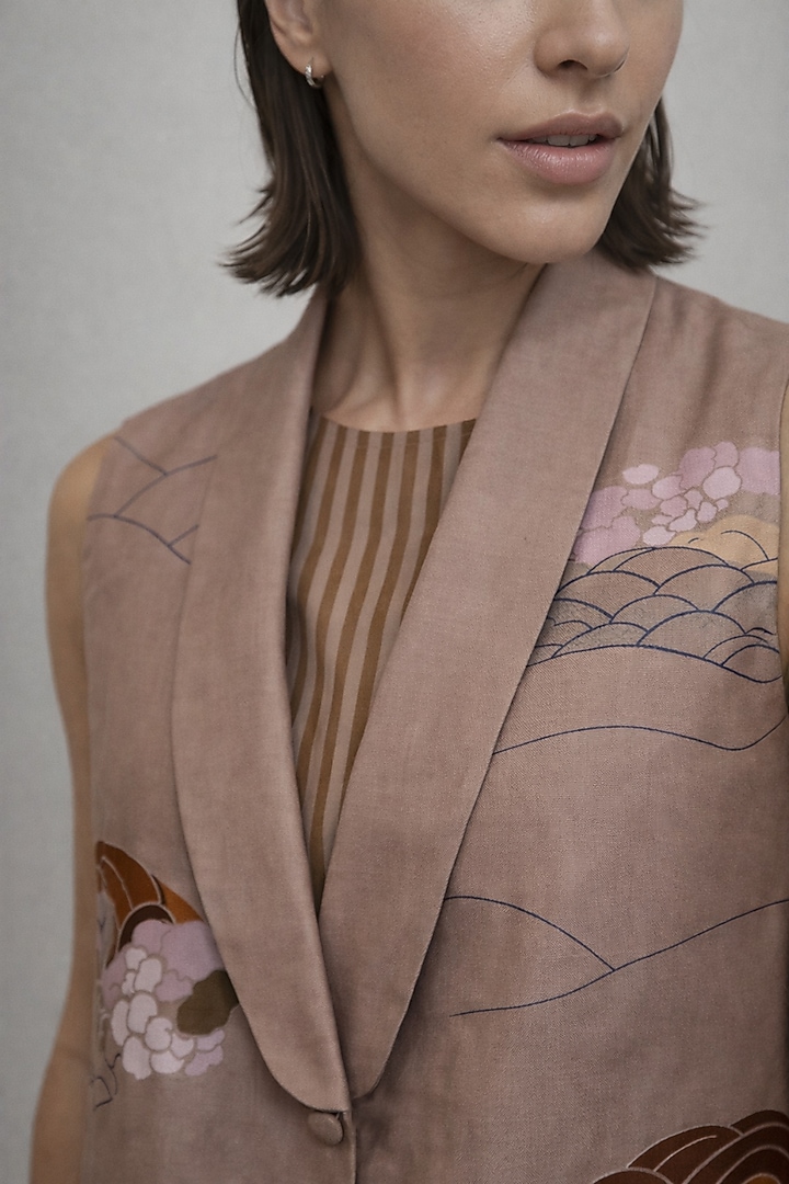 Beige Silk Chanderi Jacket Vacation Dress by OJA at Pernia's Pop Up Shop