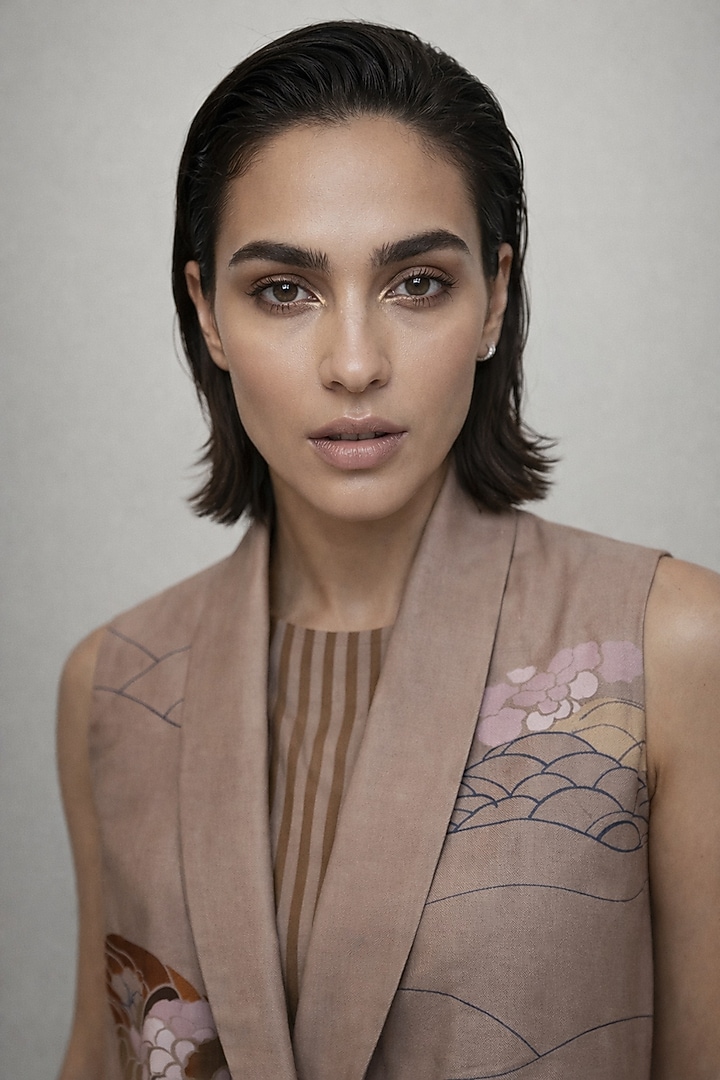 Beige Silk Chanderi Jacket Vacation Dress by OJA at Pernia's Pop Up Shop