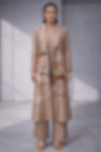 Beige Silk Chanderi Japanese Floral Embroidered Jacket Set by OJA at Pernia's Pop Up Shop