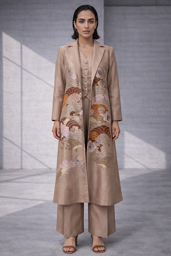Beige Silk Chanderi Japanese Floral Embroidered Jacket Set by OJA at Pernia's Pop Up Shop