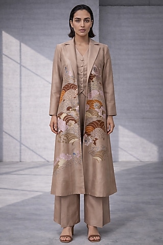 Beige Silk Chanderi Japanese Floral Embroidered Jacket Set by OJA