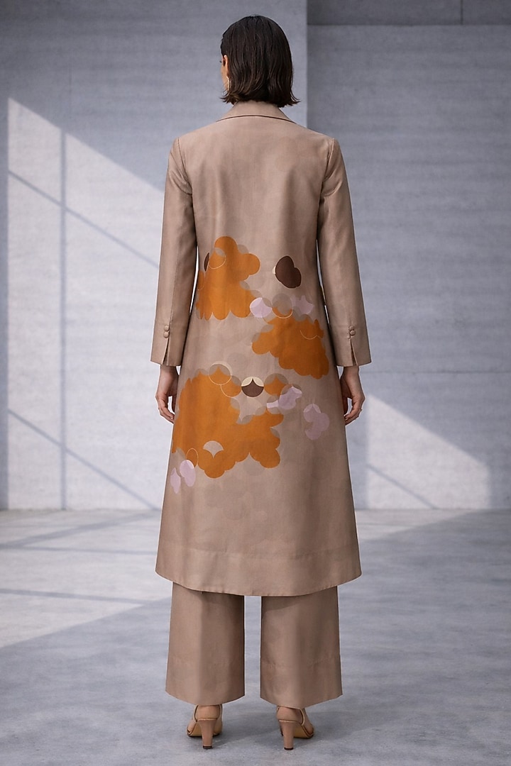 Beige Silk Chanderi Japanese Floral Embroidered Jacket Set by OJA at Pernia's Pop Up Shop