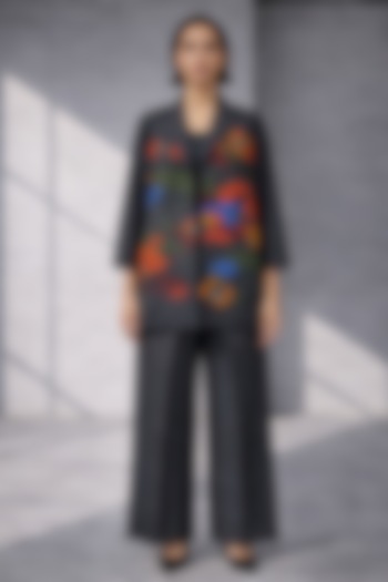 Charcoal Grey Silk Chanderi Jacket Set by OJA at Pernia's Pop Up Shop