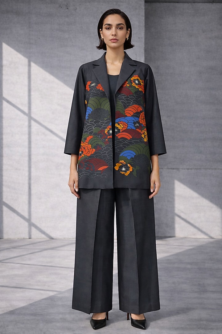 Charcoal Grey Silk Chanderi Jacket Set by OJA at Pernia's Pop Up Shop