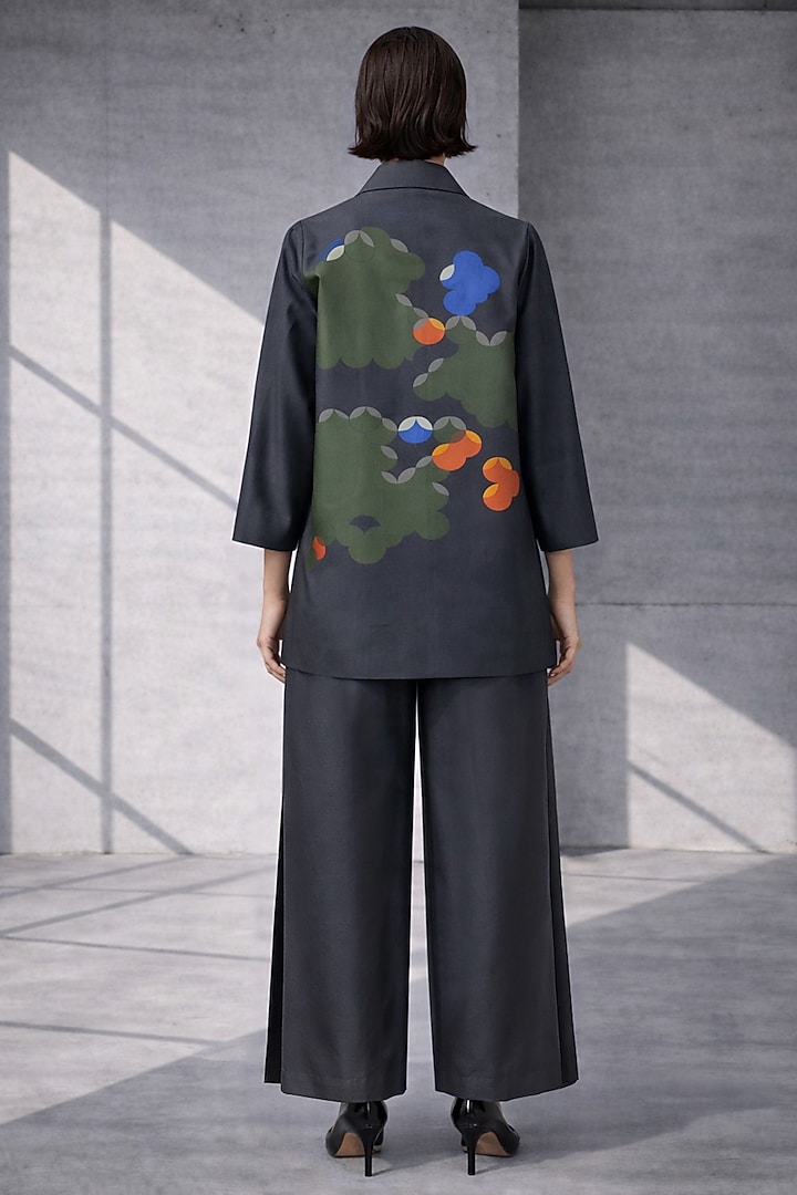 Charcoal Grey Silk Chanderi Jacket Set by OJA at Pernia's Pop Up Shop