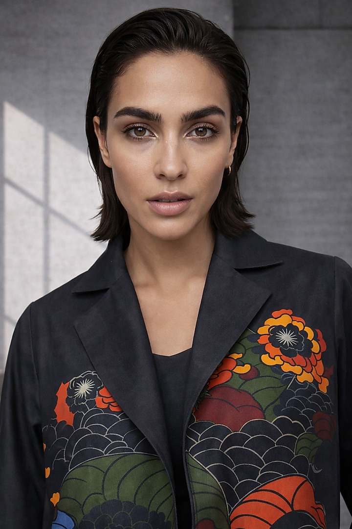Charcoal Grey Silk Chanderi Jacket Set by OJA at Pernia's Pop Up Shop