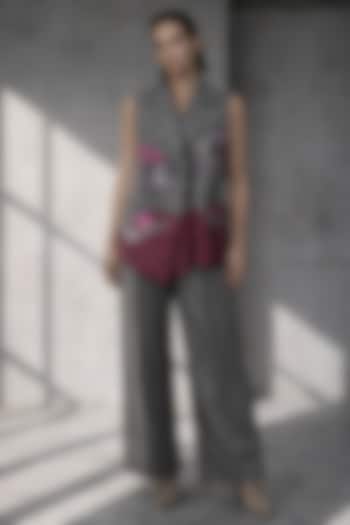 Graphite Grey Silk Chanderi Jacket Set by OJA at Pernia's Pop Up Shop