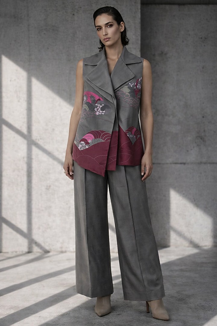 Graphite Grey Silk Chanderi Jacket Set by OJA at Pernia's Pop Up Shop