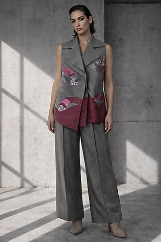 Graphite Grey Silk Chanderi Jacket Set by OJA