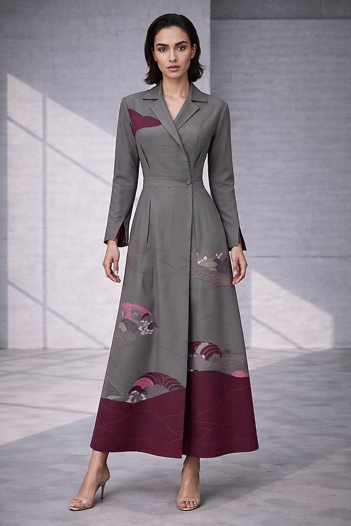 Graphite Grey Silk Chanderi Wrap-Style Jumpsuit by OJA at Pernia's Pop Up Shop