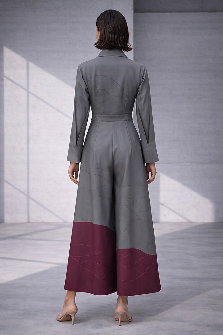 Graphite Grey Silk Chanderi Wrap-Style Jumpsuit by OJA at Pernia's Pop Up Shop