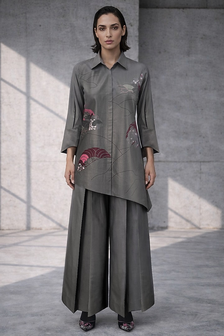 Graphite Grey Silk Chanderi Co-Ord Set by OJA at Pernia's Pop Up Shop