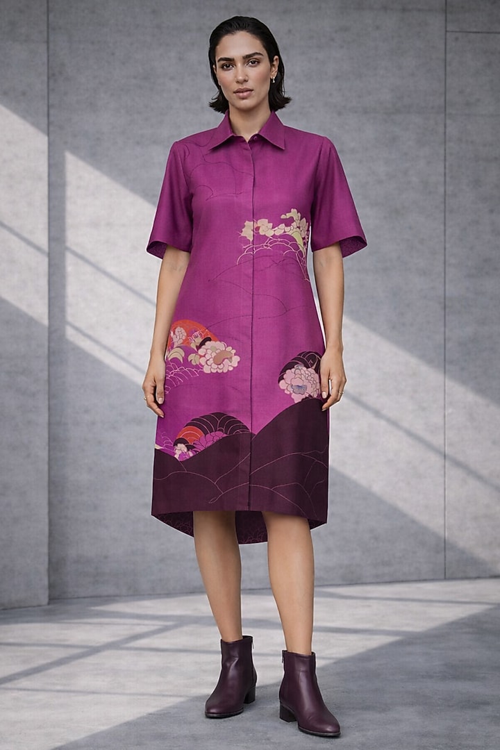 Mulberry Pink Silk Chanderi Shirt Vacation Dress by OJA at Pernia's Pop Up Shop
