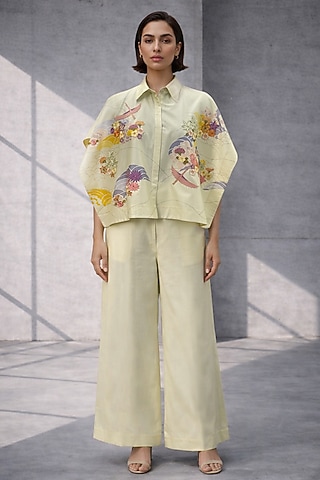 Butter Yellow Silk Chanderi Floral Embroidered Co-Ord Set by OJA