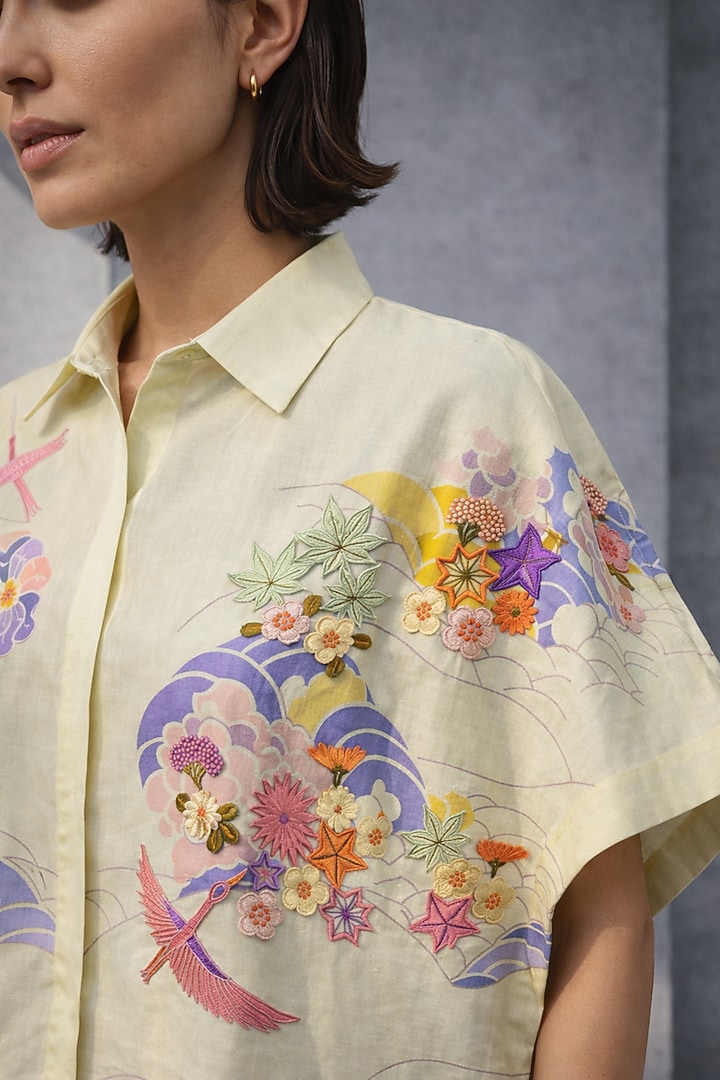 Butter Yellow Silk Chanderi Floral Embroidered Co-Ord Set by OJA at Pernia's Pop Up Shop