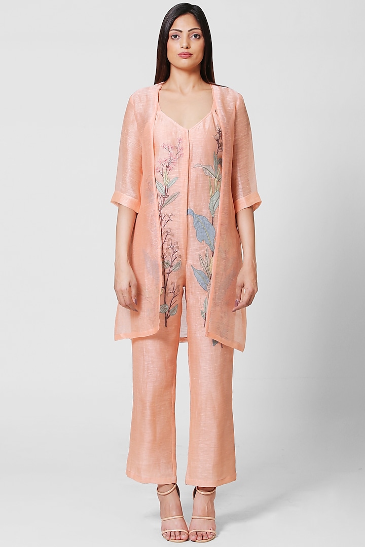 Peach Embellished Jumpsuit With Jacket by OJA