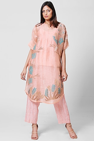 Peach Embellished Kaftan Tunic Set by OJA