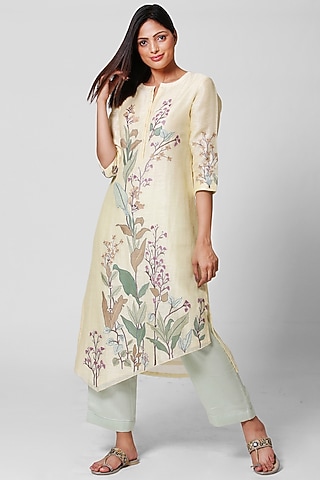Lemon Embellished Asymmetrical Kurta Set by OJA