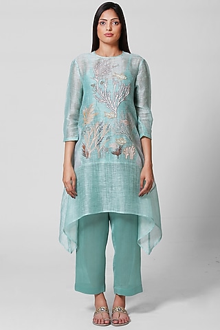 Sea Green Embroidered Kurta Set by OJA