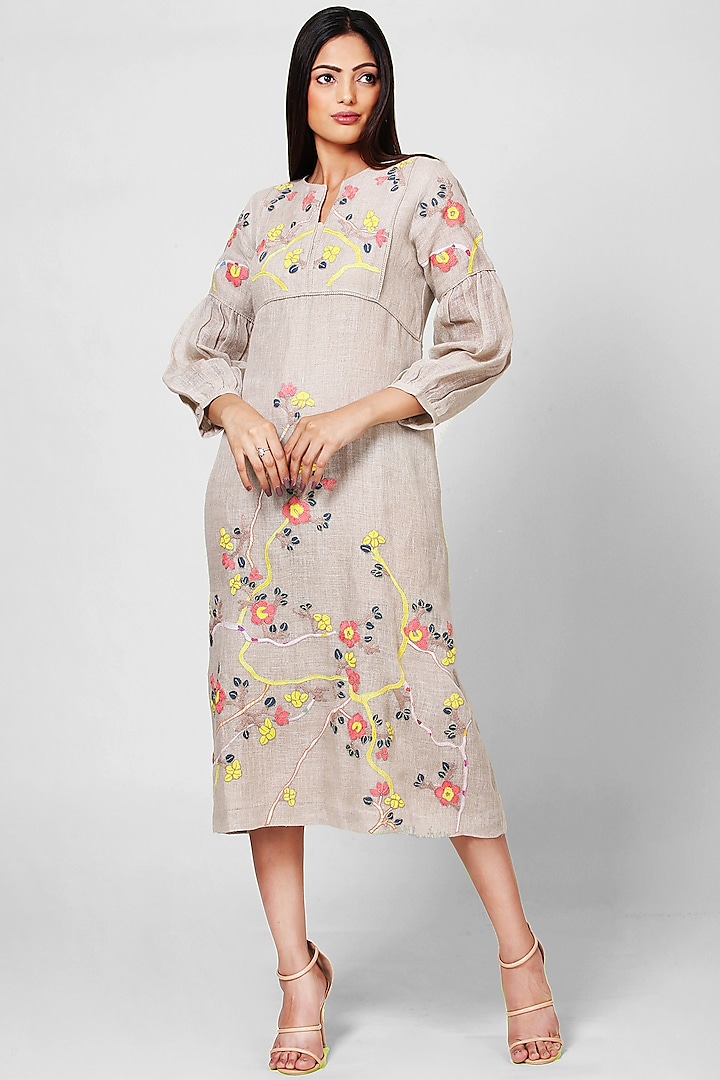 Light Brown Embroidered Dress by OJA