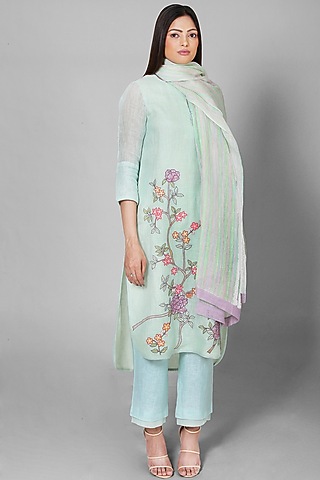 Sea Green Applique Embroidered Kurta Set by OJA
