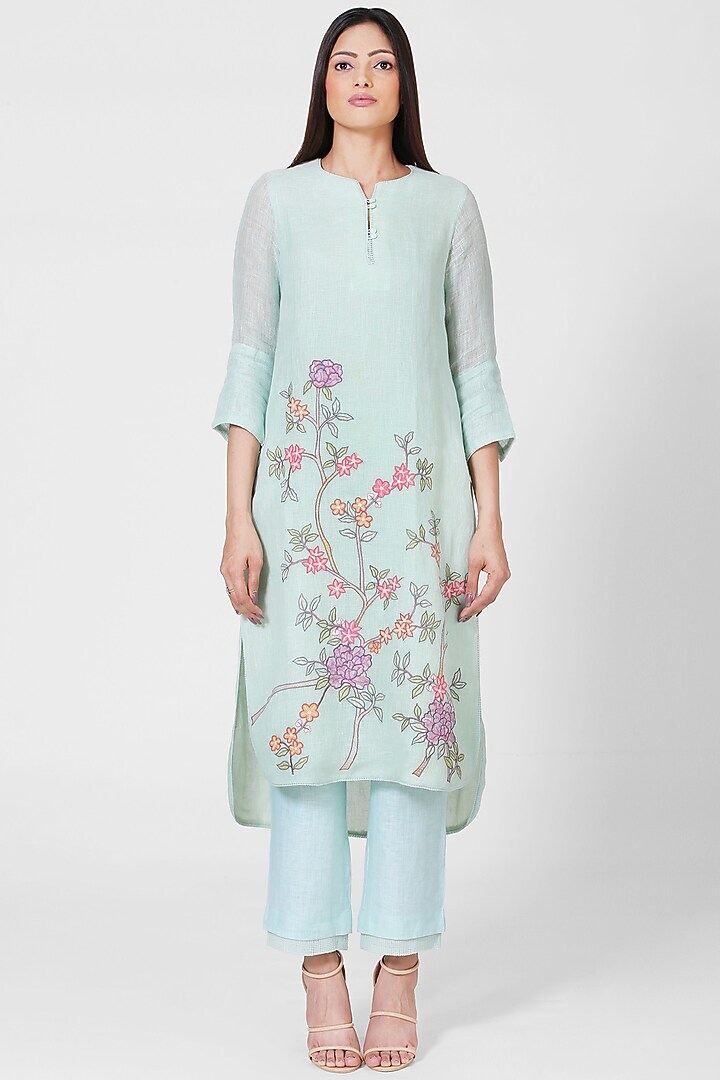 Sea Green Applique Embroidered Kurta Set by OJA at Pernia's Pop Up Shop