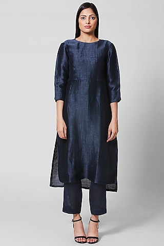 Dark Blue Linen Silk Kurta Set by OJA