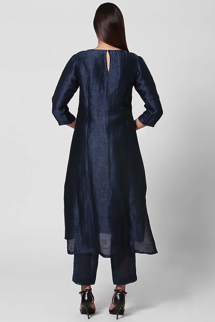 Dark Blue Linen Silk Kurta Set by OJA at Pernia's Pop Up Shop