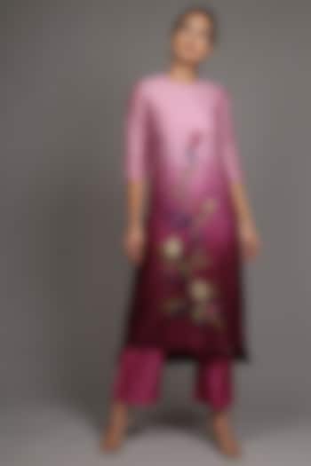 Fuchsia Appliques Embroidered Kurta With Pants by OJA
