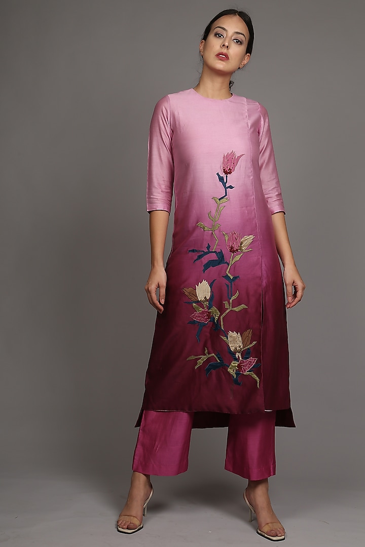 Fuchsia Appliques Embroidered Kurta With Pants by OJA