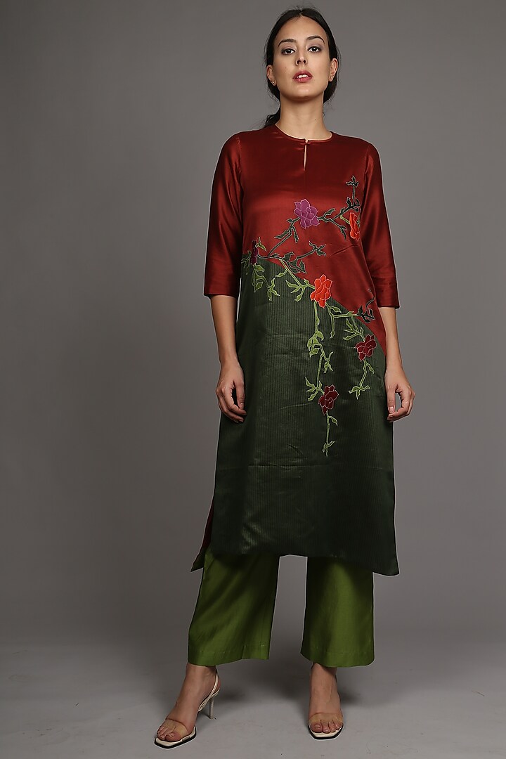 Emerald Green Embroidered Kurta With Pants by OJA