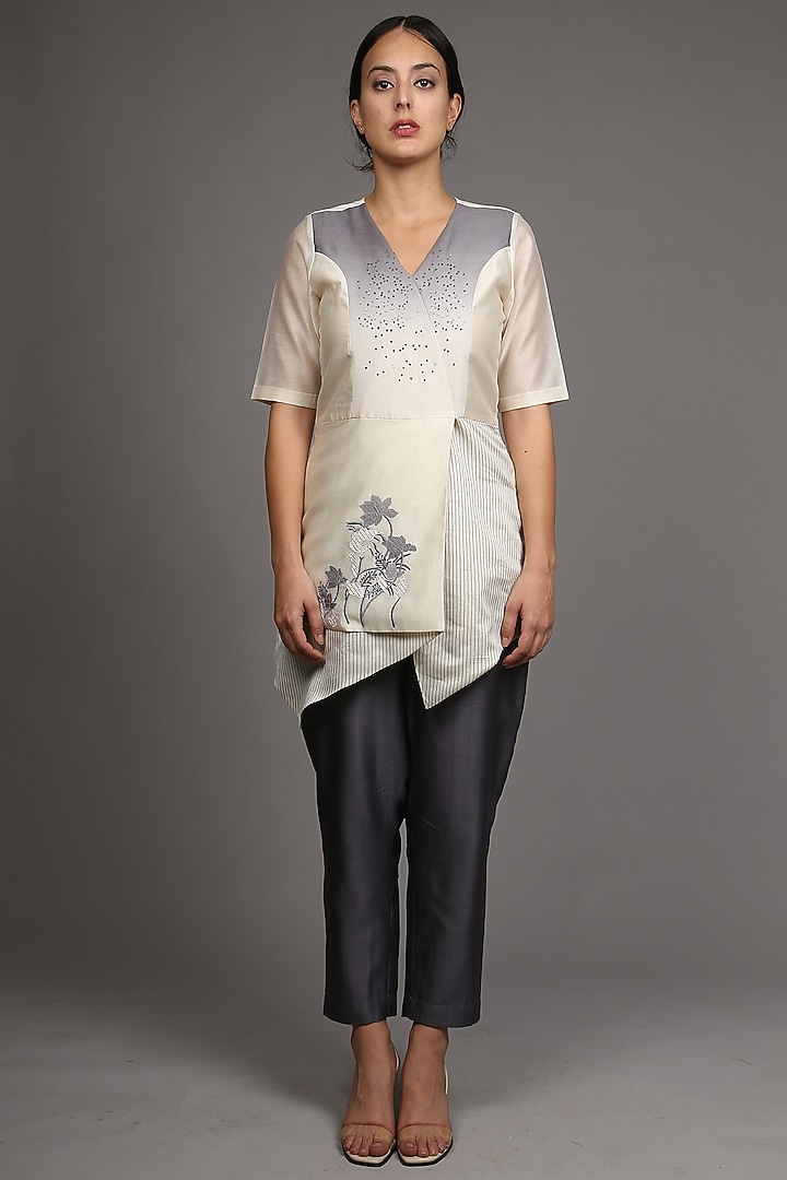 Beige Embroidered Jacket Kurta With Grey Pants by OJA at Pernia's Pop Up Shop