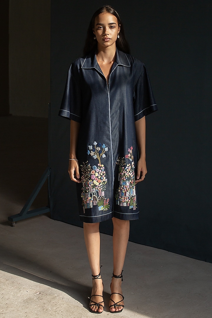 Dark Blue Denim Floral Embroidered Dress by OJA at Pernia's Pop Up Shop