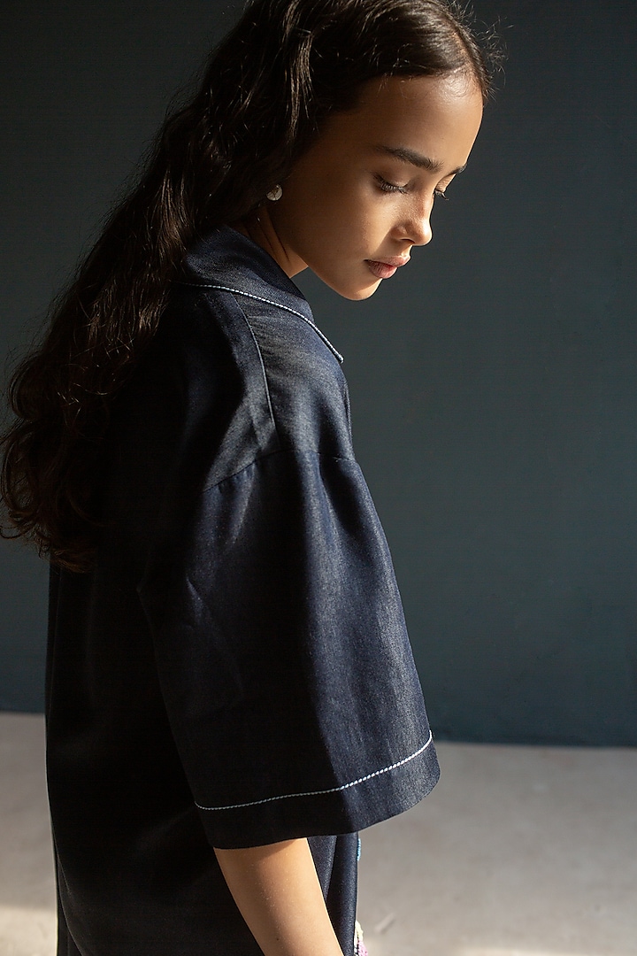 Dark Blue Denim Floral Embroidered Vacation Dress by OJA at Pernia's Pop Up Shop