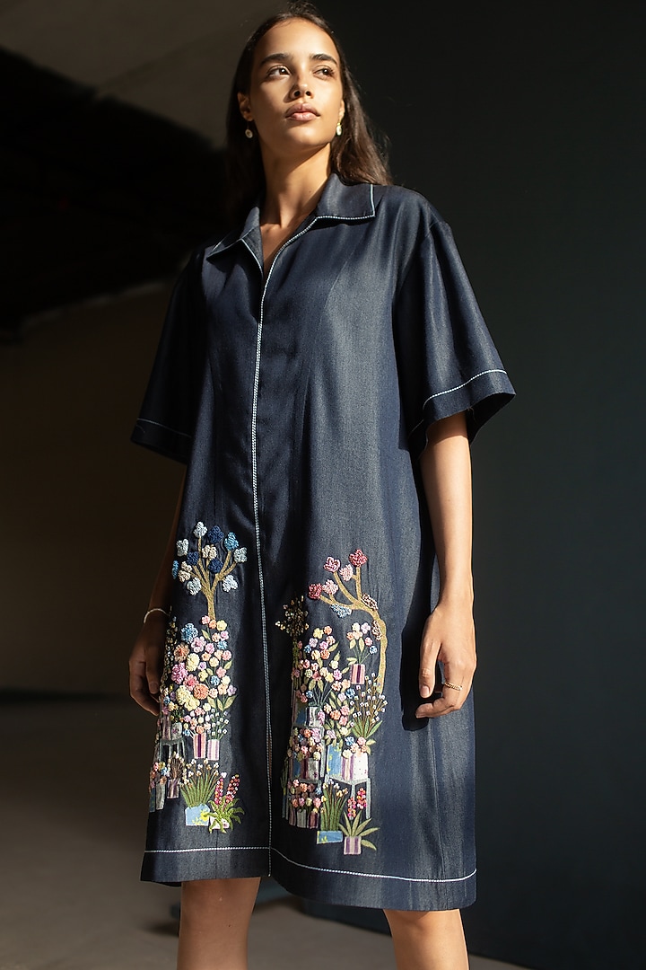 Dark Blue Denim Floral Embroidered Vacation Dress by OJA at Pernia's Pop Up Shop