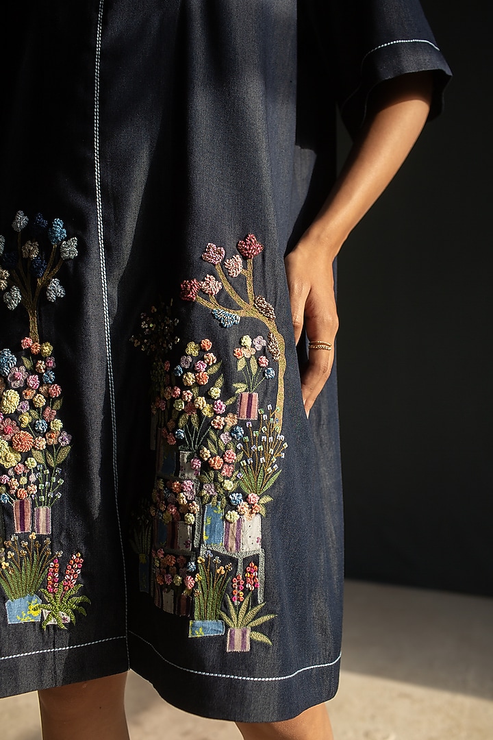 Dark Blue Denim Floral Embroidered Vacation Dress by OJA at Pernia's Pop Up Shop
