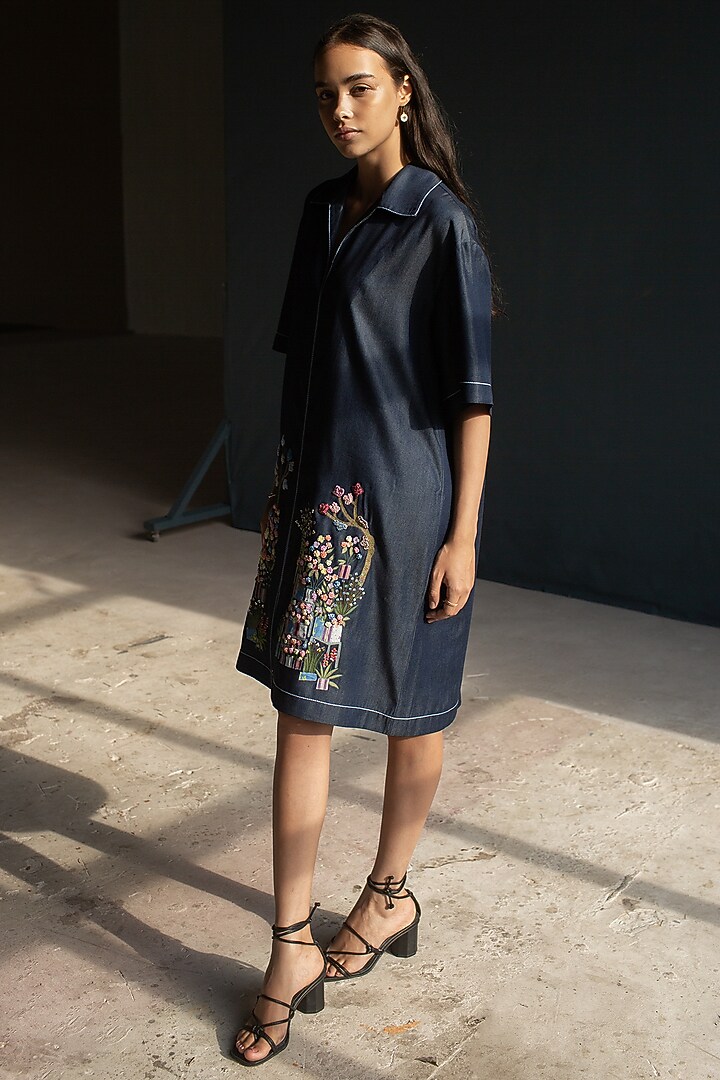 Dark Blue Denim Floral Embroidered Vacation Dress by OJA at Pernia's Pop Up Shop