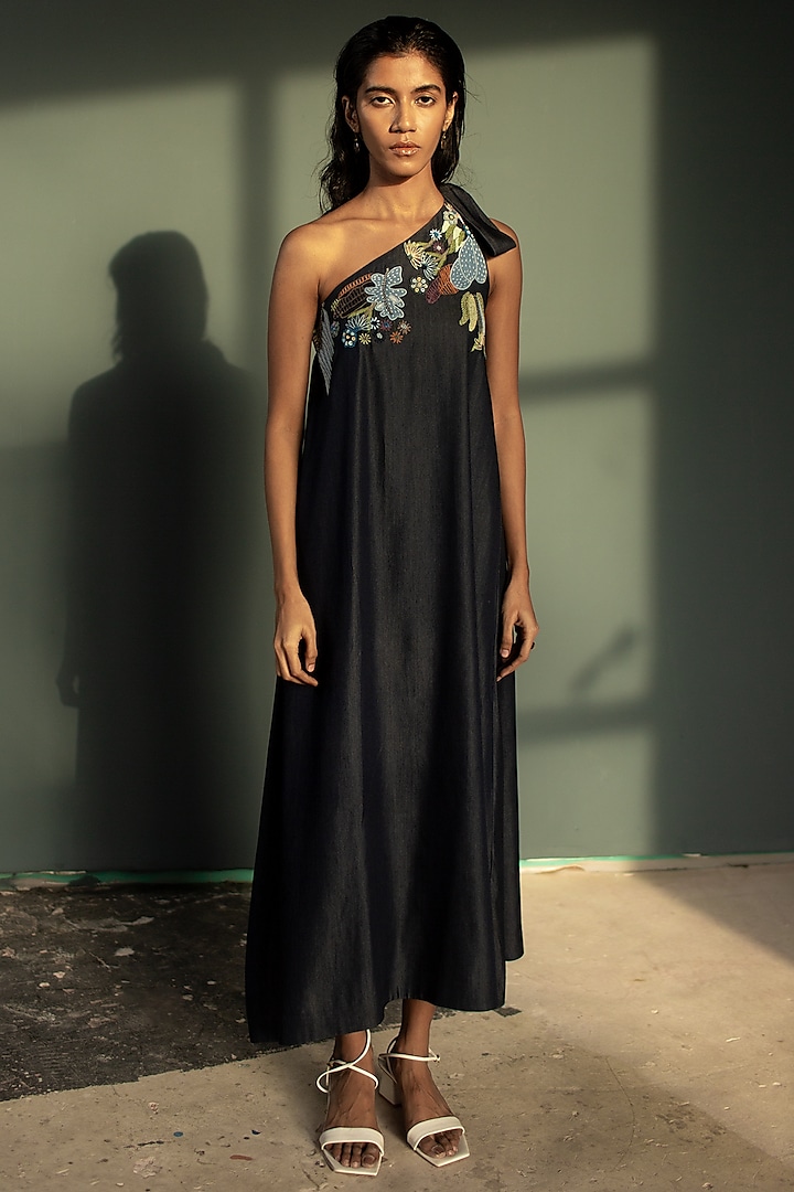 Dark Blue Tencel Denim Hand Knot Embroidered A-Line One-Shoulder Dress by OJA at Pernia's Pop Up Shop