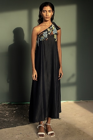 Dark Blue Tencel Denim Hand Knot Embroidered A-Line One-Shoulder Dress by OJA