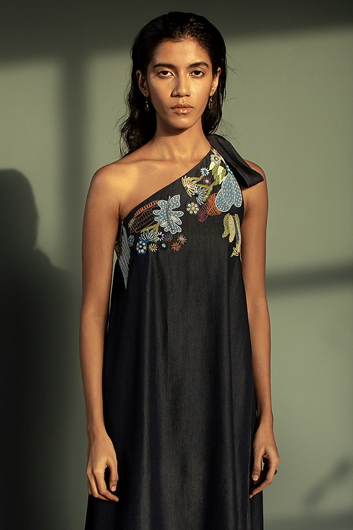 Dark Blue Tencel Denim Hand Knot Embroidered A-Line One-Shoulder Vacation Dress by OJA at Pernia's Pop Up Shop