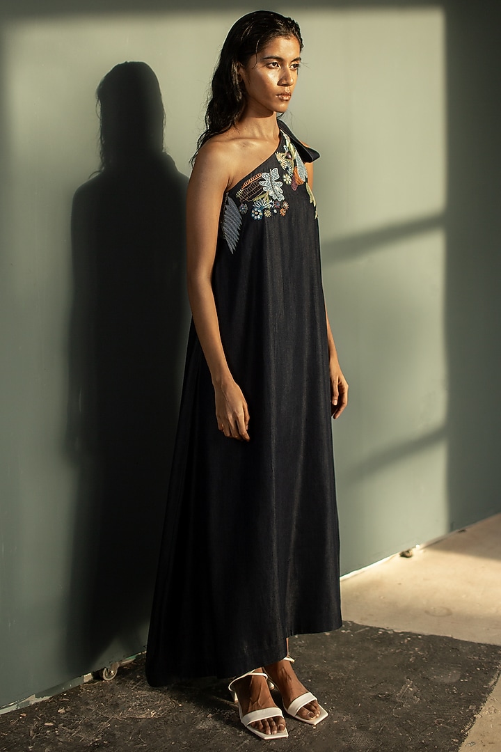 Dark Blue Tencel Denim Hand Knot Embroidered A-Line One-Shoulder Vacation Dress by OJA at Pernia's Pop Up Shop