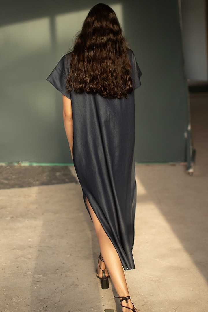Dark Blue Tencel Denim Hand Knot Embroidered Vacation Shirt Dress by OJA at Pernia's Pop Up Shop