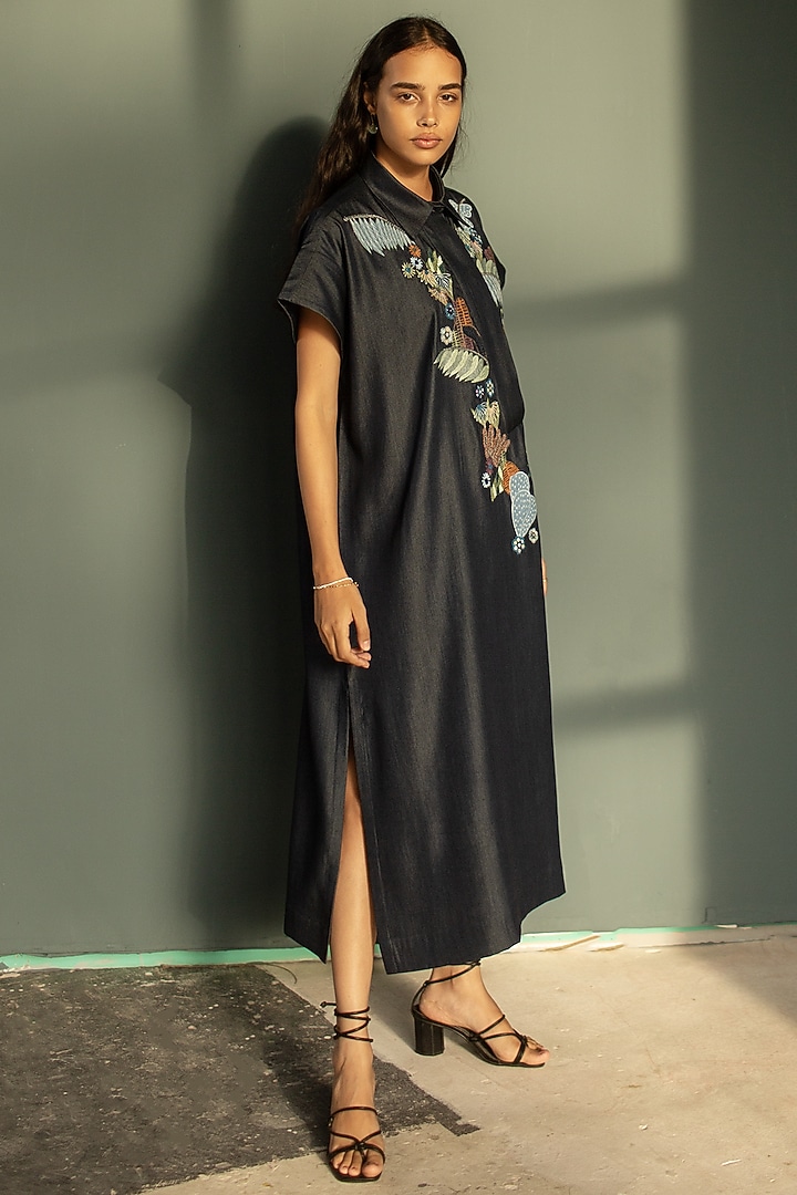Dark Blue Tencel Denim Hand Knot Embroidered Vacation Shirt Dress by OJA at Pernia's Pop Up Shop