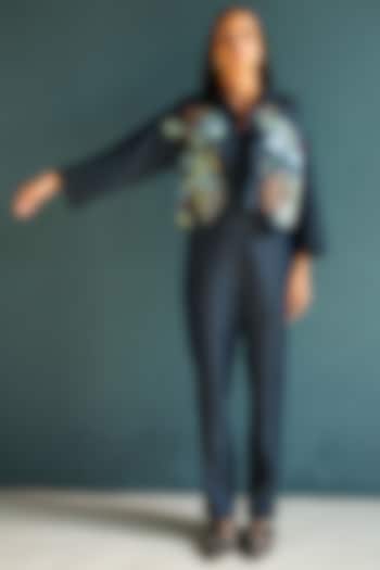 Dark Blue Tencel Denim Hand Knot Embroidered Co-Ord Set by OJA at Pernia's Pop Up Shop