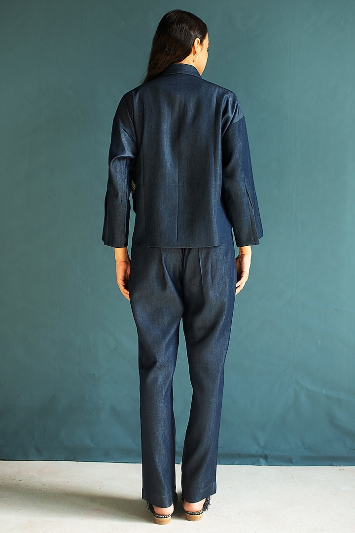 Dark Blue Tencel Denim Hand Knot Embroidered Co-Ord Set by OJA at Pernia's Pop Up Shop