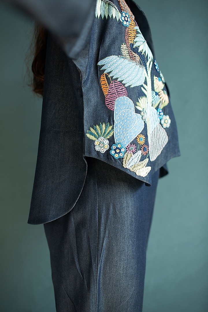 Dark Blue Tencel Denim Hand Knot Embroidered Co-Ord Set by OJA at Pernia's Pop Up Shop