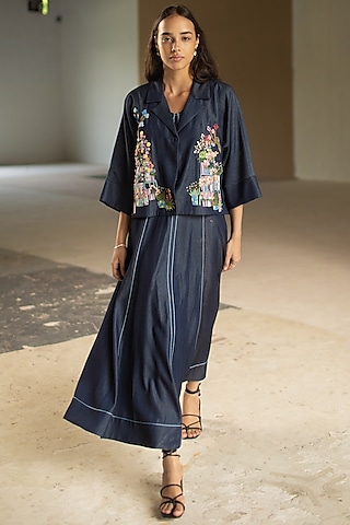 Dark Blue Tencel Denim A-Line Dress With Jacket by OJA